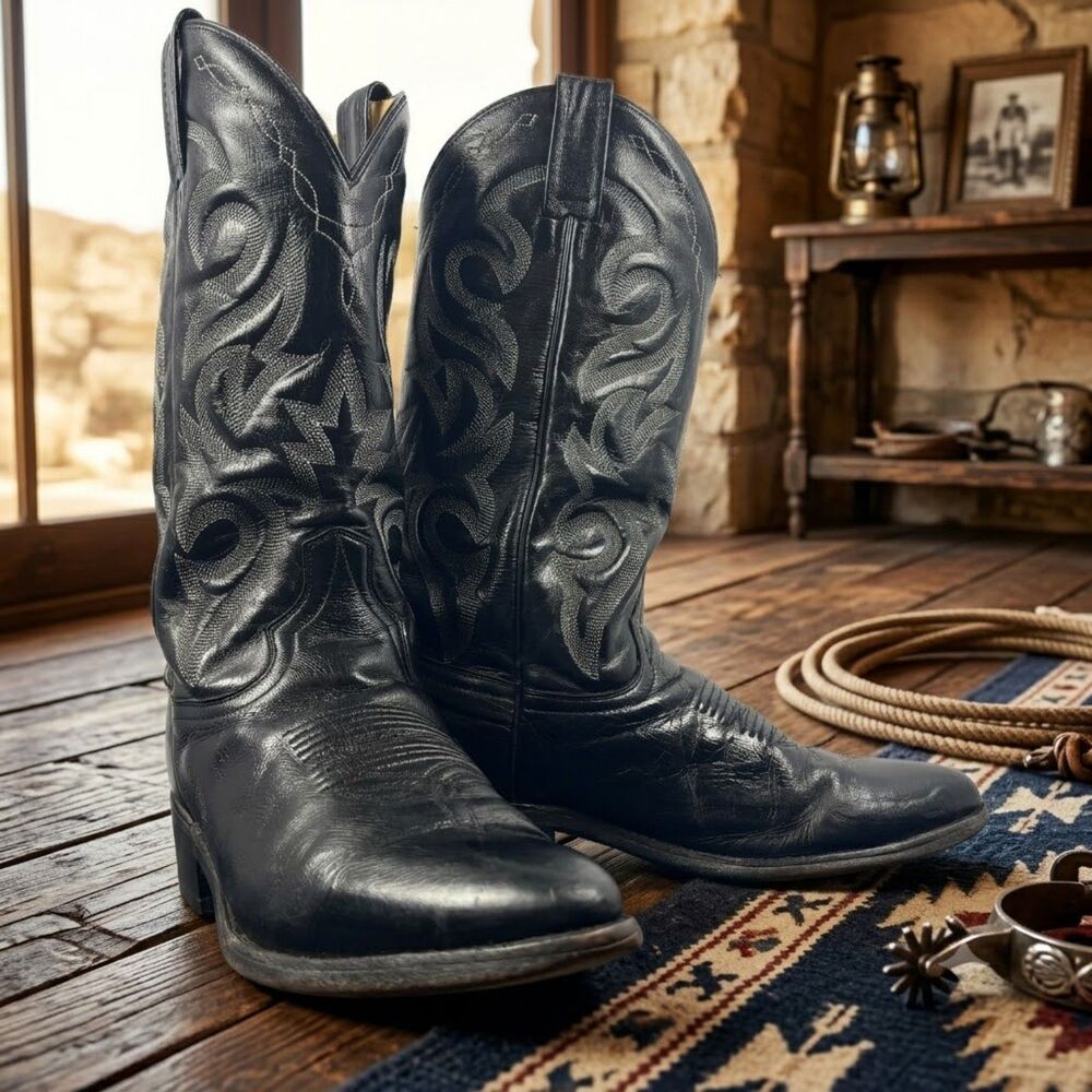 Dan Post Milwaukee Black Leather Cowboy Boots Men's Size 8 D Round Toe DP2110R